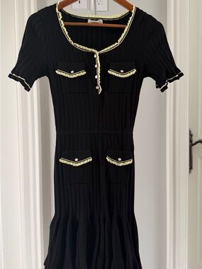 Sandro Black Midi Dress with Cream Ruffle Trim